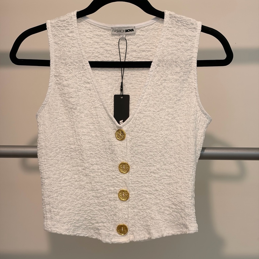 Fashion Nova Textured White Crop Top with Gold Accents